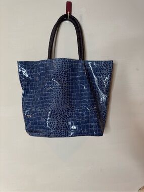 Neiman Marcus Blue Croc Embossed Patent Faux Leather Tote Shoulder Bag